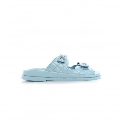 CHANEL LAMINATED LAMBSKIN QUILTED VELCRO DAD CHAIN CC SLIDE SANDALS 